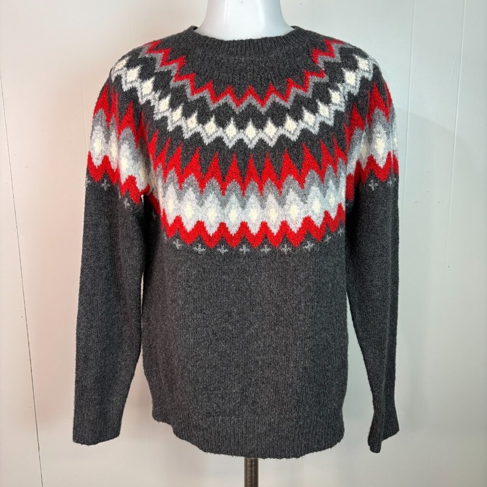 Lucky Brand Sweater Medium Gray Red Fair Isle‎ Crew Neck Christmas Holiday